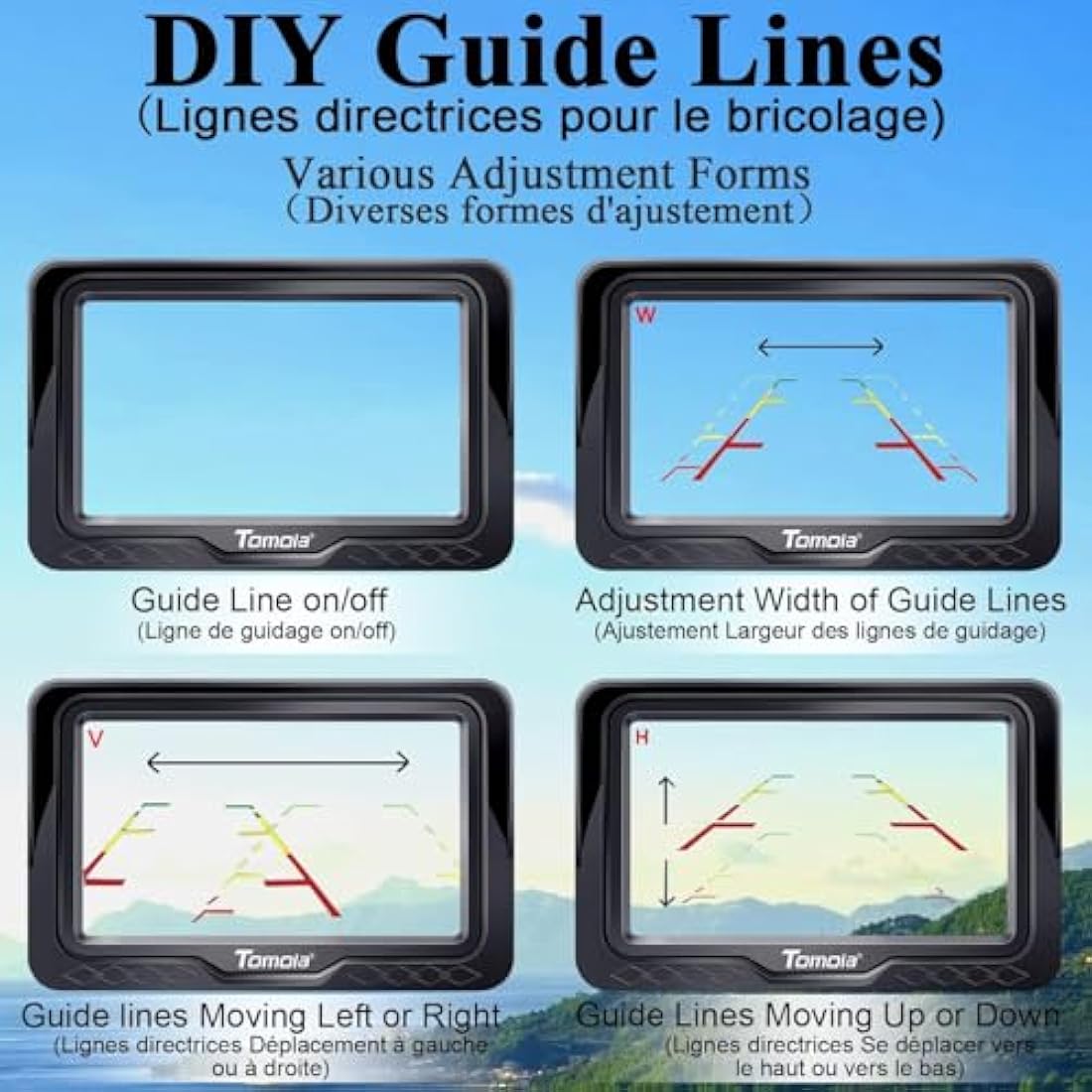 Reversing Camera Ease Setup Plug-Play - Color Clear Image Night Vision DIY Guide Lines HD 1080P No-Delay Rear View Camera with Monitor Waterproof LED with On/Off Switch for Car/SUV/Truck Tomoia T1