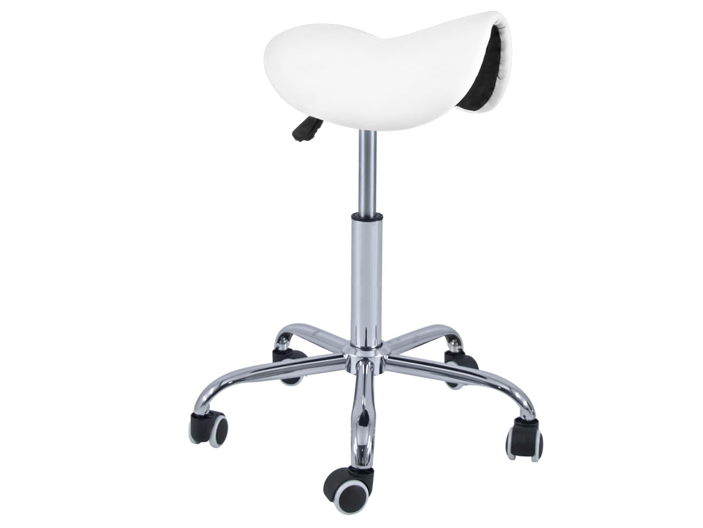 QUIRUMED Pony Stool 5 Wheels, Chrome Base, White, Upholstered in Leatherette, Height Adjustable, Lightweight, Ergonomic Design, Rotatable