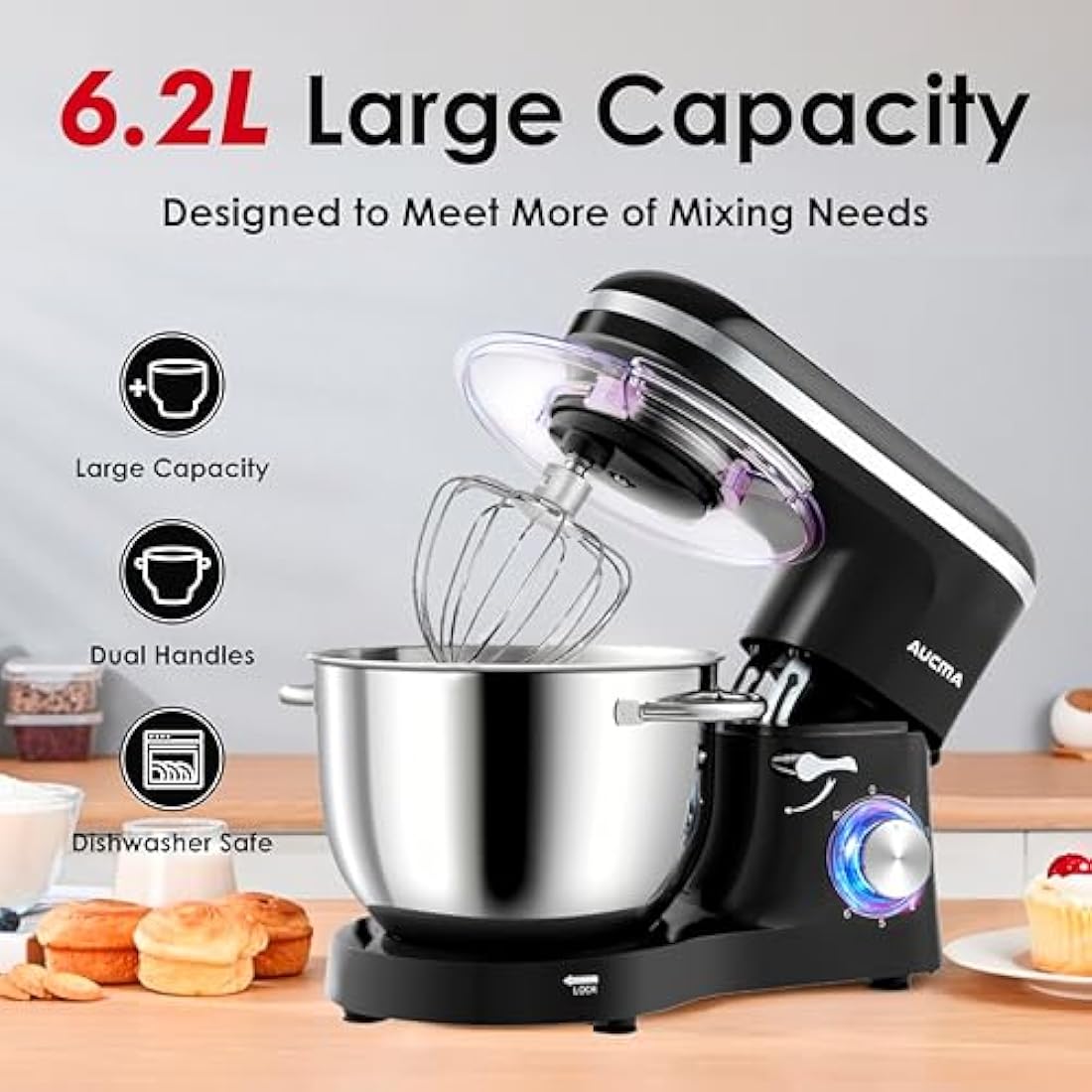 Aucma Stand Mixer, 6.2L Food Mixers for Baking, Electric Kitchen Mixers with Bowl, Dough Hook, Wire Whip & Beater (6.2L, Black)