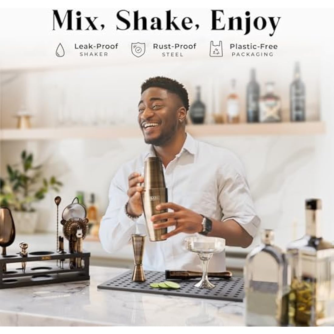 BARE BARREL® Cocktail Making Kit | 16-Piece Bartender Kit Cocktail Shaker Set Maker | Bamboo Display Stand & 35 Recipe Cards | Mixology Cocktail Gift Set (800ml/28oz Boston Shaker, Brass/Black)