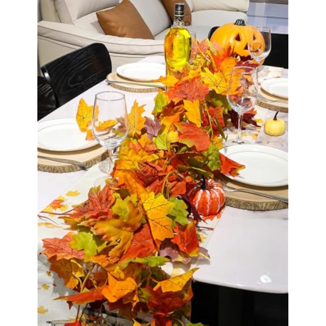 2 Pack Artificial Autumn Maple Leaves Vines Decorations, 5.9Ft/Piece Fall Leaf Garland Hanging Plant with Hooks, Thanksgiving Halloween Decor for House Garden Wall Doorway Fireplace Autumn Decoration