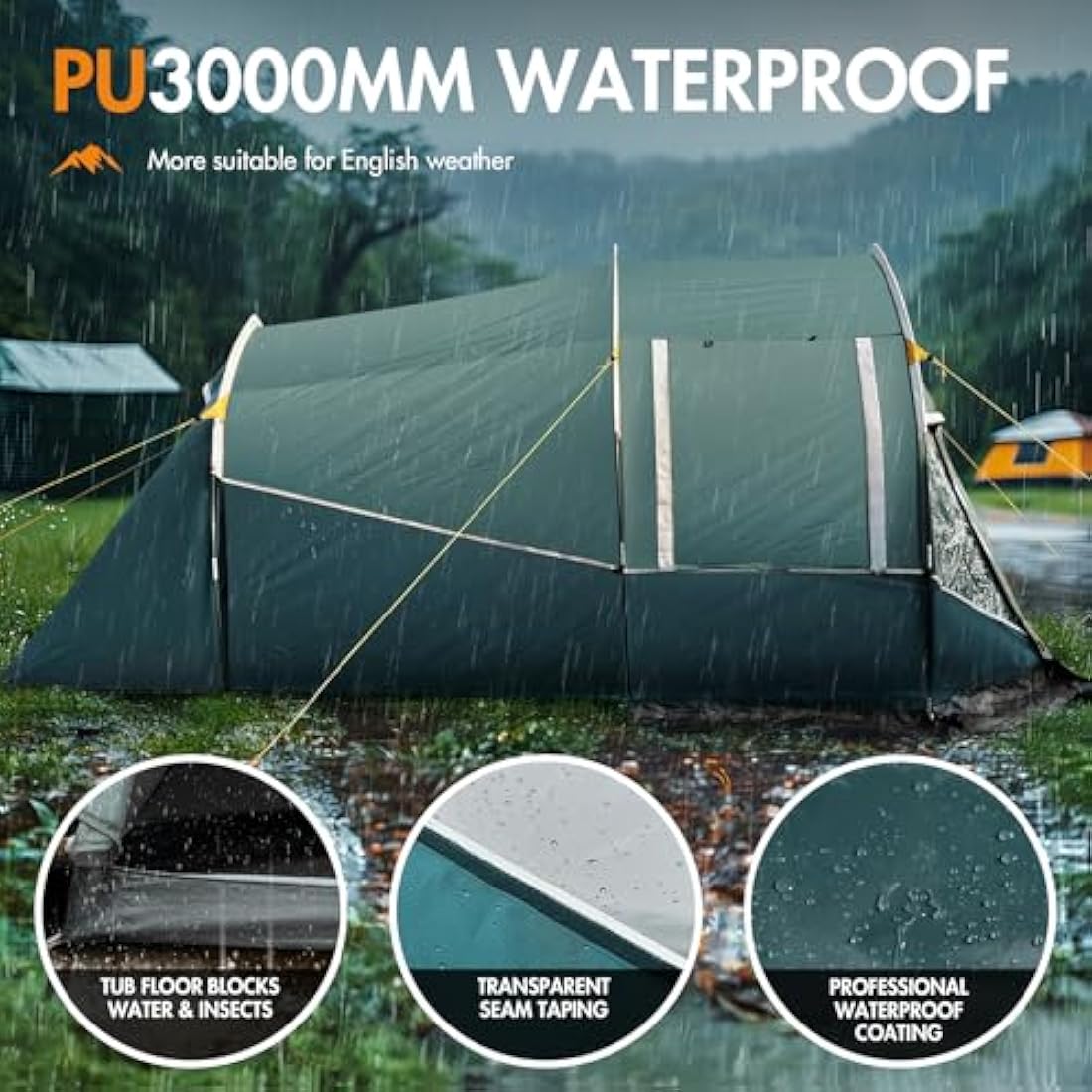 Portal 2-3 Man Tent Luxury 3000mm Waterproof with Porch Awning 3 Person Camping Tent with Sewn-in Groundsheet 2 Man with Bedroom Lightweight Tunnel for Festival Outdoor Hiking