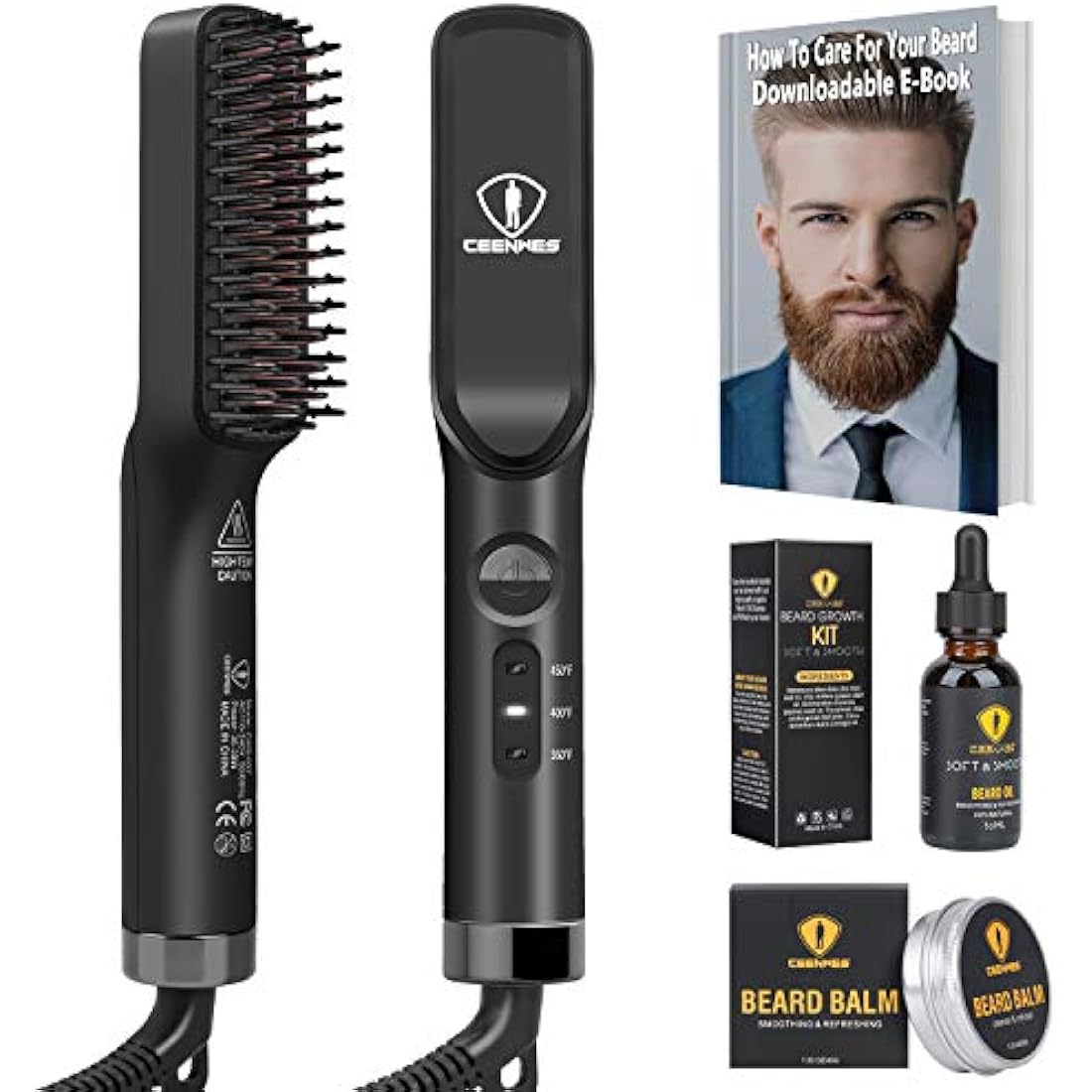 Ceenwes 3 in 1 Professional Beard Straightener with Beard Oil & Balm, Portable Hair Straightener Brush for Men & Women