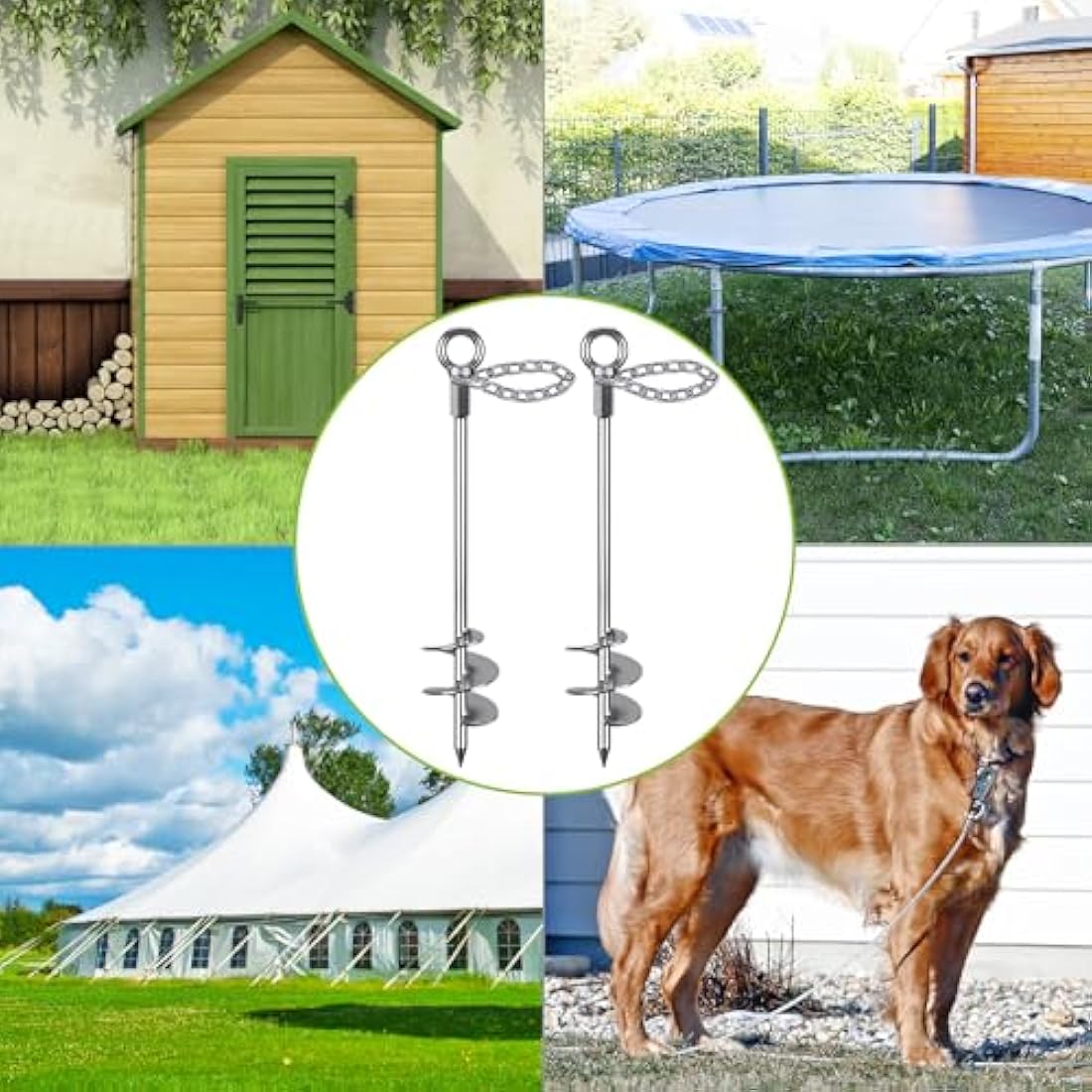 Insaga Tent Peg, 76cm Heavy Duty Ground Anchor Large Metal Earth Stake Spiral Blade Screw in Trampolines Spike for Swing Set/Camping/Shed/Dog/Carport with 37cm Fixed Chain, 2 Pack