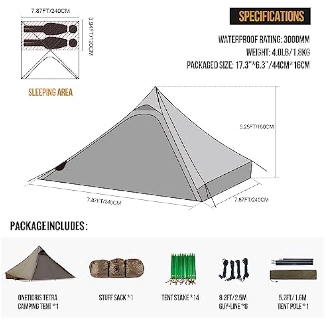 OneTigris TETRA Ultralight Tent, Upgraded, 1-2 Person, Waterproof, 3 Season, Ideal for Camping Hiking Trekking Backpacking Bushcraft