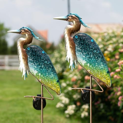 TERESA'S COLLECTIONS Garden Ornaments Outdoor Gifts for Christmas, Decorative Glass Blue Heron Solar Stake Light, Waterproof Metal Bird Solar Garden Light Decor for Lawn,Yard & Pond, 106cm