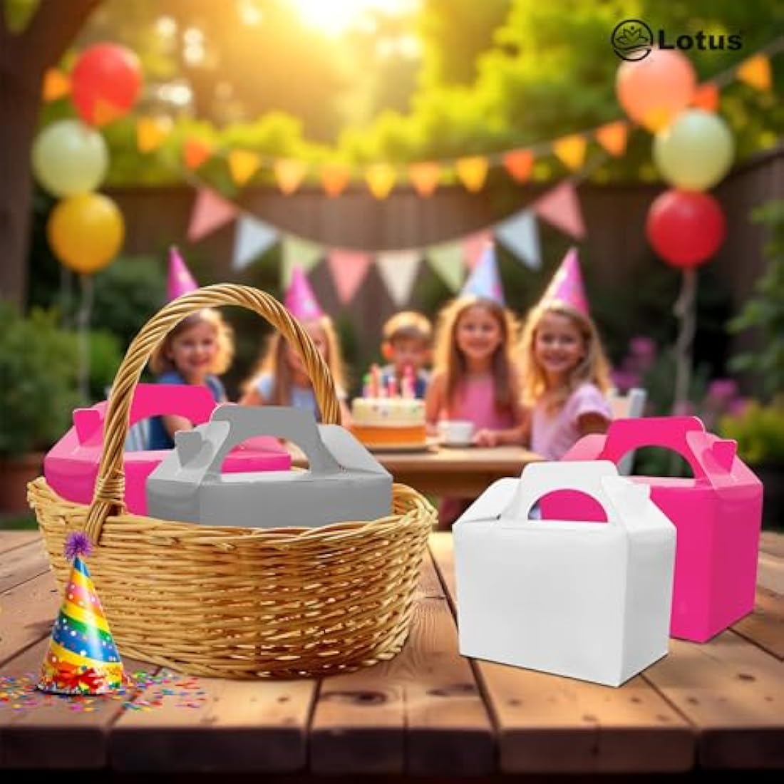 Lotus 50 x Children/Kids Plain Coloured Party Boxes Carry Food Meal Birthday Party Box Loot Bag Gift Boxes (Neon Pink)
