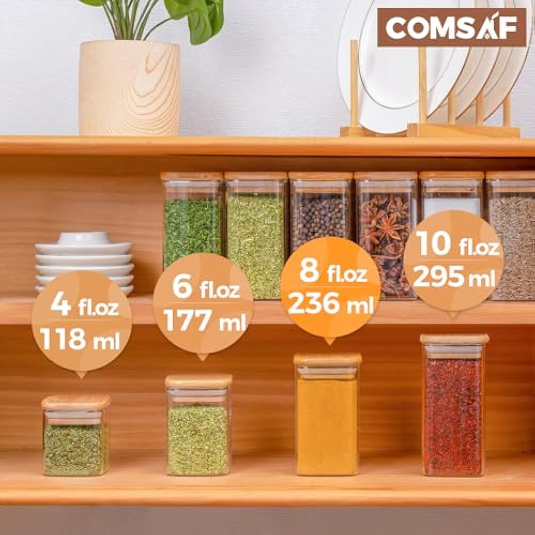 ComSaf 12 Pcs Glass Spice Jars with Bamboo Lids, 8oz/250ml Square Glass Storage Jars with 275 Black Lables, Airtight Spice Jars with Lids, Glass Container for Spice, Salt, Sugar, Seeds, Nuts etc