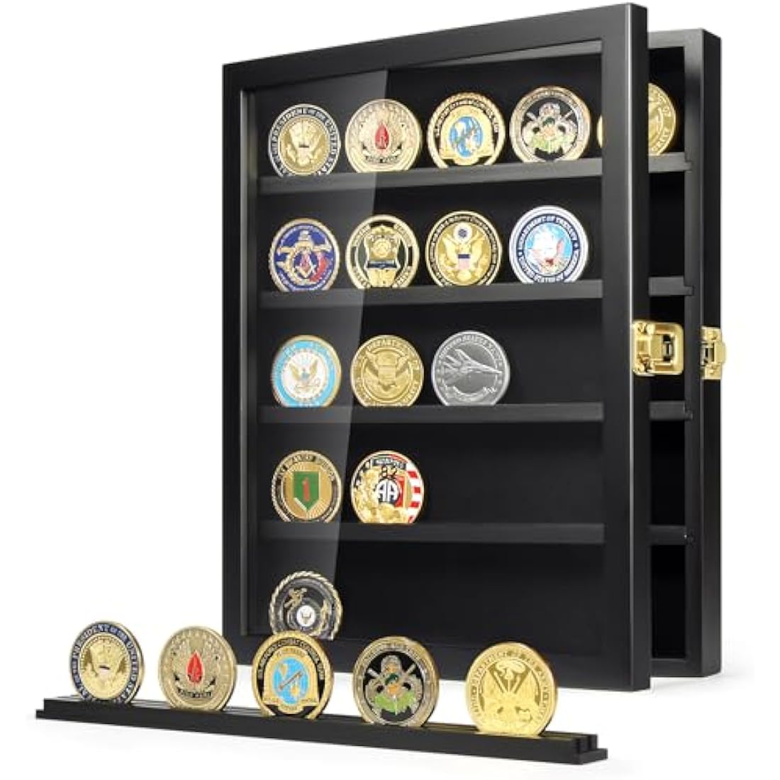 Military Challenge Coin Display Case, Coin Display Holder Wall Mount with Removable Shelves, Shadow Box for Medals Pin Badges Buttons