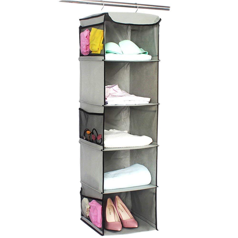 BrilliantJo Hanging Storage with 5 Shelves Wardrobe Closet Organiser, Storage Shelves Unit with 6 Pockets for Clothes - Grey(30 x 30 x 108cm)