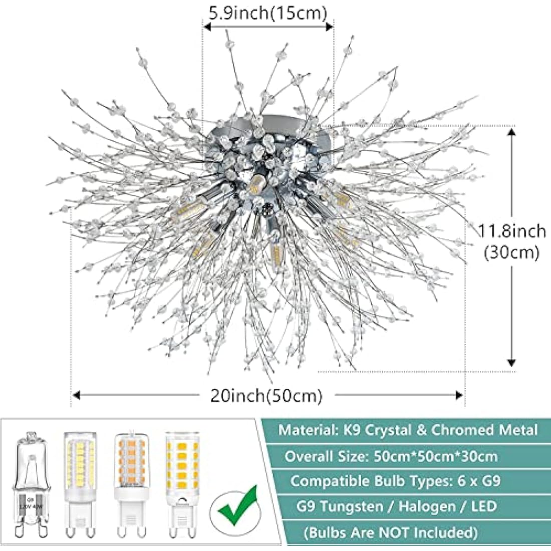 Rayofly Modern Crystal Ceiling Lights for Living Room, Chrome Fireworks K9 Crystals Chandeliers Fittings, 6 G9 LED, Chandelier Ceiling Pendant Lights for Bedroom, Dining Room, Hallway
