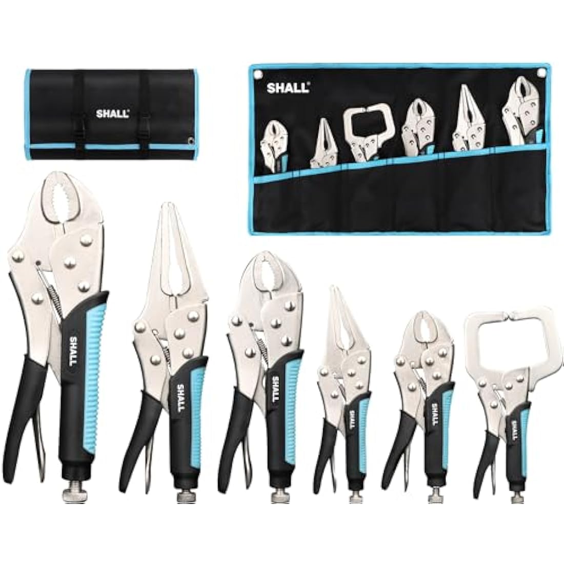 Shall 6-Piece Locking Pliers Set - 5", 7" & 10" Curved Jaw, 6-1/2" & 9-1/2" Long Nose, 6" C-Clamp - Two-Color TPR Handle, Roll Up Pouch Included