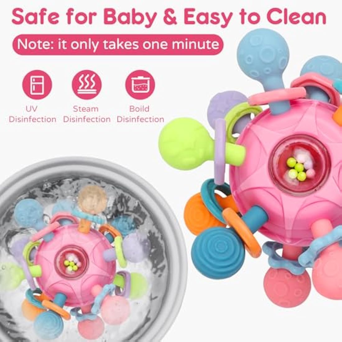 Baby Toys 0-6 Months Sensory Montessori Toys for Babies 6-12 Months Baby Rattle Teether Toy Shaker Grab Spin Newborn Toy Gift for 8 9 Month Babies Toddler Boys Girls Christmas(Pink)