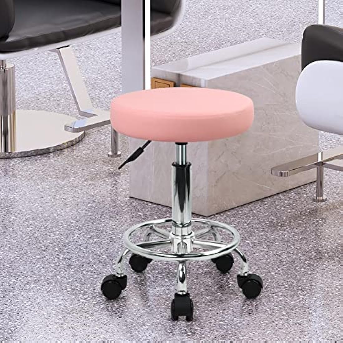 KKTONER PU Leather Round Rolling Stool with Foot Rest Swivel Height Adjustment Spa Drafting Salon Tattoo Work Office Massage Stools Task Chair Small (Pink)