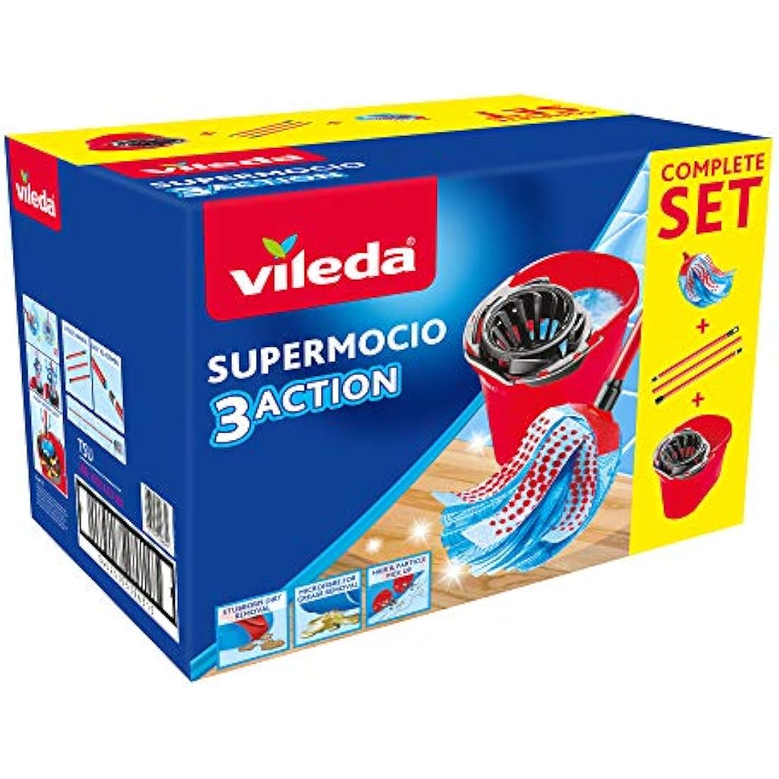 Vileda SuperMocio 3Action Mop and Bucket Set, Mop for Cleaning Floors, Set of 1x Mop and 1x Bucket, Red/Grey/Blue