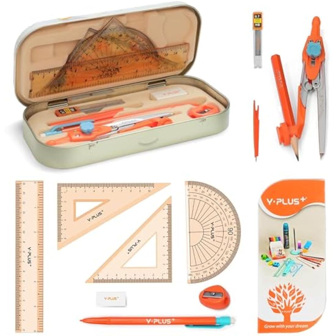 YPLUS Geometry Set for Students, Math Protractor Compass with Rulers, Box of Protactor Kit for Class Supplies and School, 12 Pcs