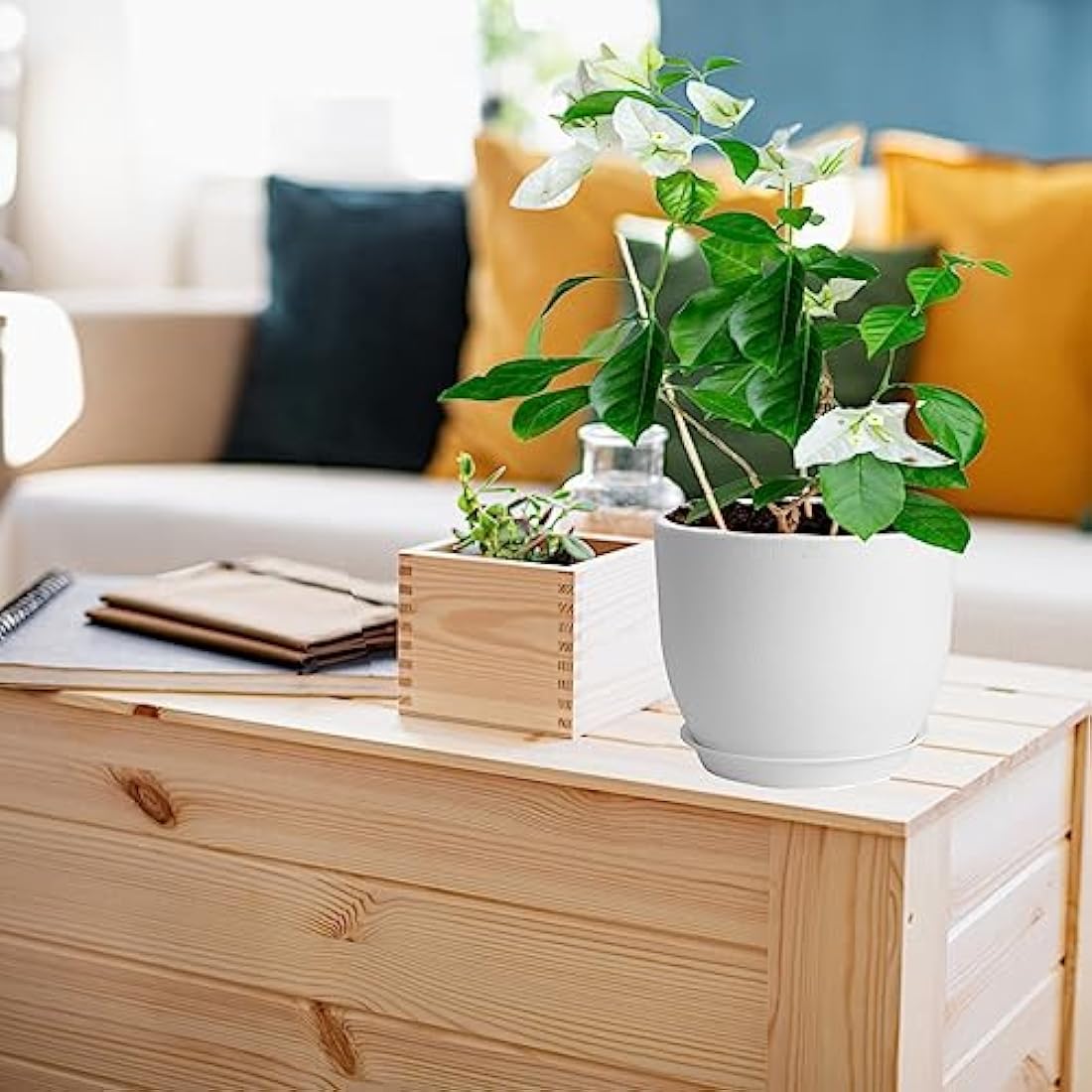 PROFIKLA 20cm, 18cm, 16cm Plastic Plant Pots, Plant Pots with Drainage Holes and Saucers, A Set of 3 Flower Pots, Modern Decorative Planters, White