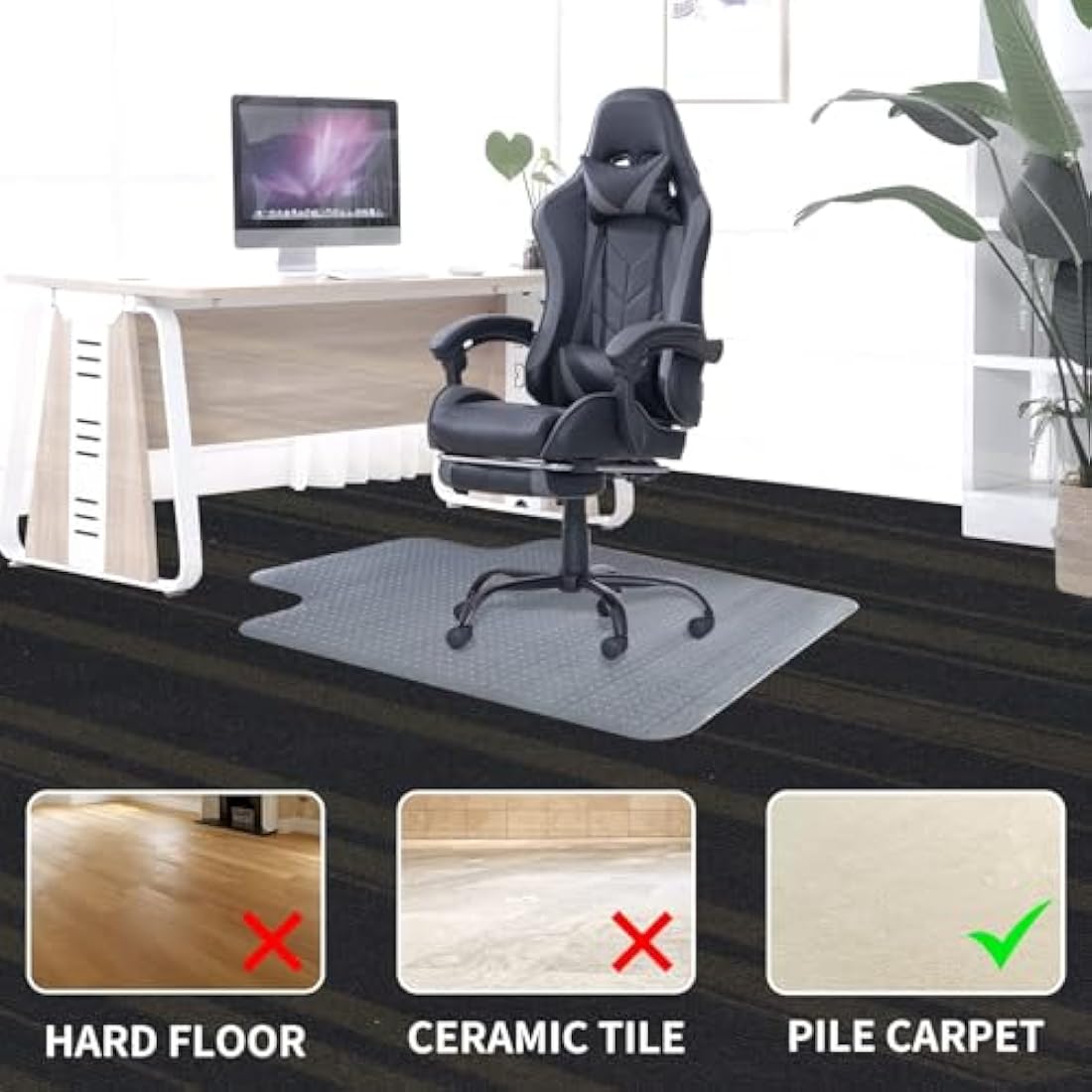 SHAREWIN Office Chair Mat for Carpeted Floors, 120x90 cm with Lip Heavy Duty Anti-Slip for Low/Medium Pile Carpet Protector Rug, Easy Clean