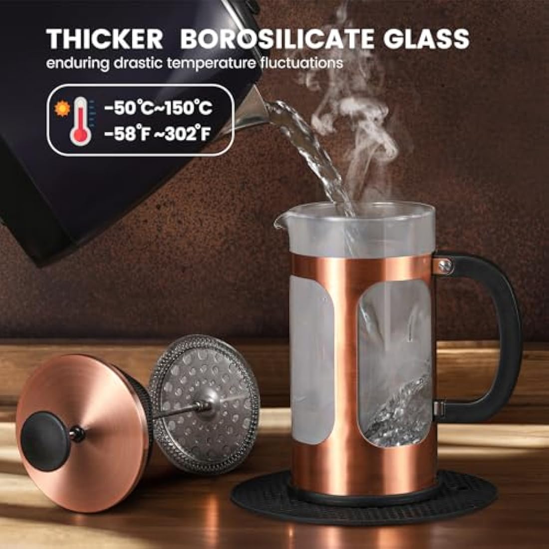 KOOYAT Cafetiere French Press Coffee Maker with Capacity of 1000ml / 6 cup Large Coffee Press for Ground Coffee in Home Office or Travel Heat-Resistant Caffettiera Gift Set for Women and Men Copper