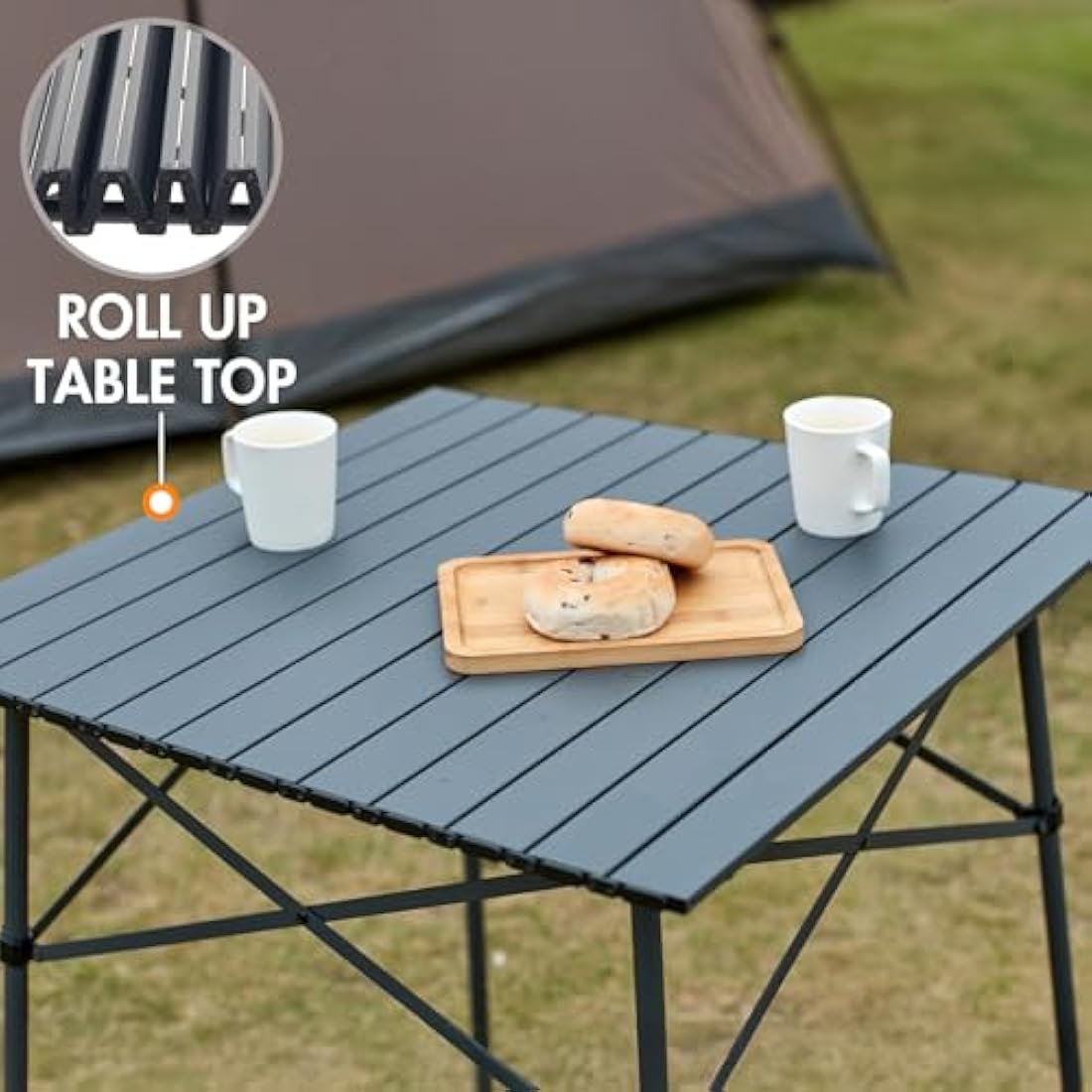 Portal Aluminium Folding Camping Table 70x70cm Square Roll Up Top 4 Person Compact Garden Table with Carry Bag for Picnic Camp Backyard BBQ