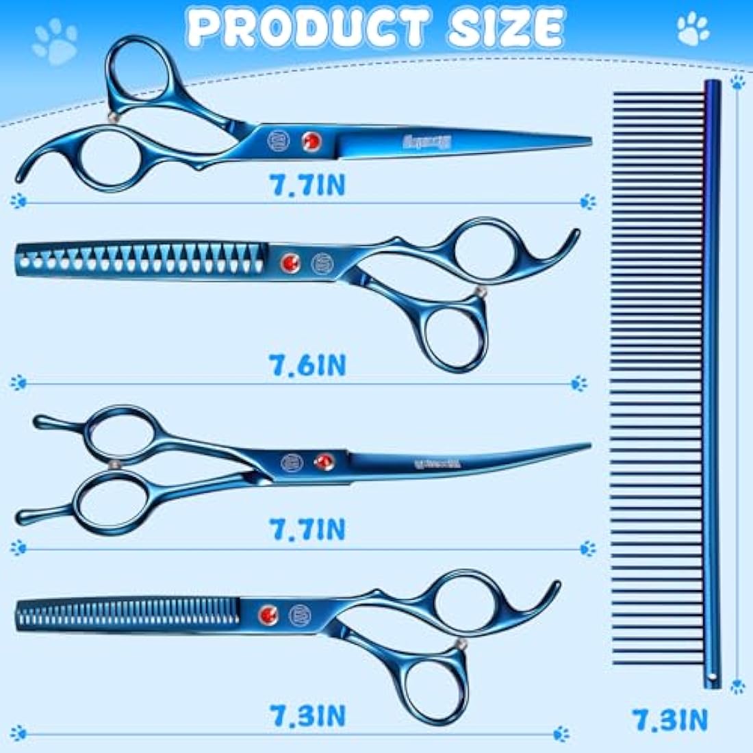 Moontay Dog Grooming Scissors Set Professional, 7 Inch Pet Grooming Scissors, 8 in 1 Straight, Curved, Thinning, Fishbone Scissors with Comb, Tension Adjuster, Cleaning Cloth and Storage Case, Blue