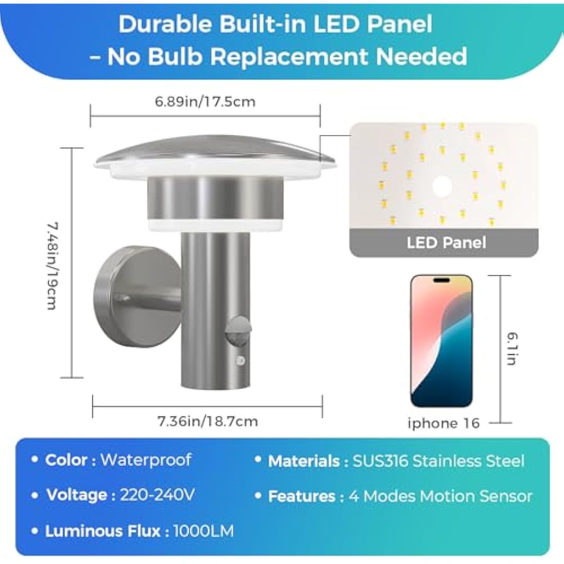 NBHANYUAN Lighting® 2PCS Outdoor LED Wall Light with Motion Sensor,4 Lighting Modes Outside Lights,SUS316 Stainless Steel Wall Lamp IP44 Waterproof 3000K Warm White for Porch,1000LM