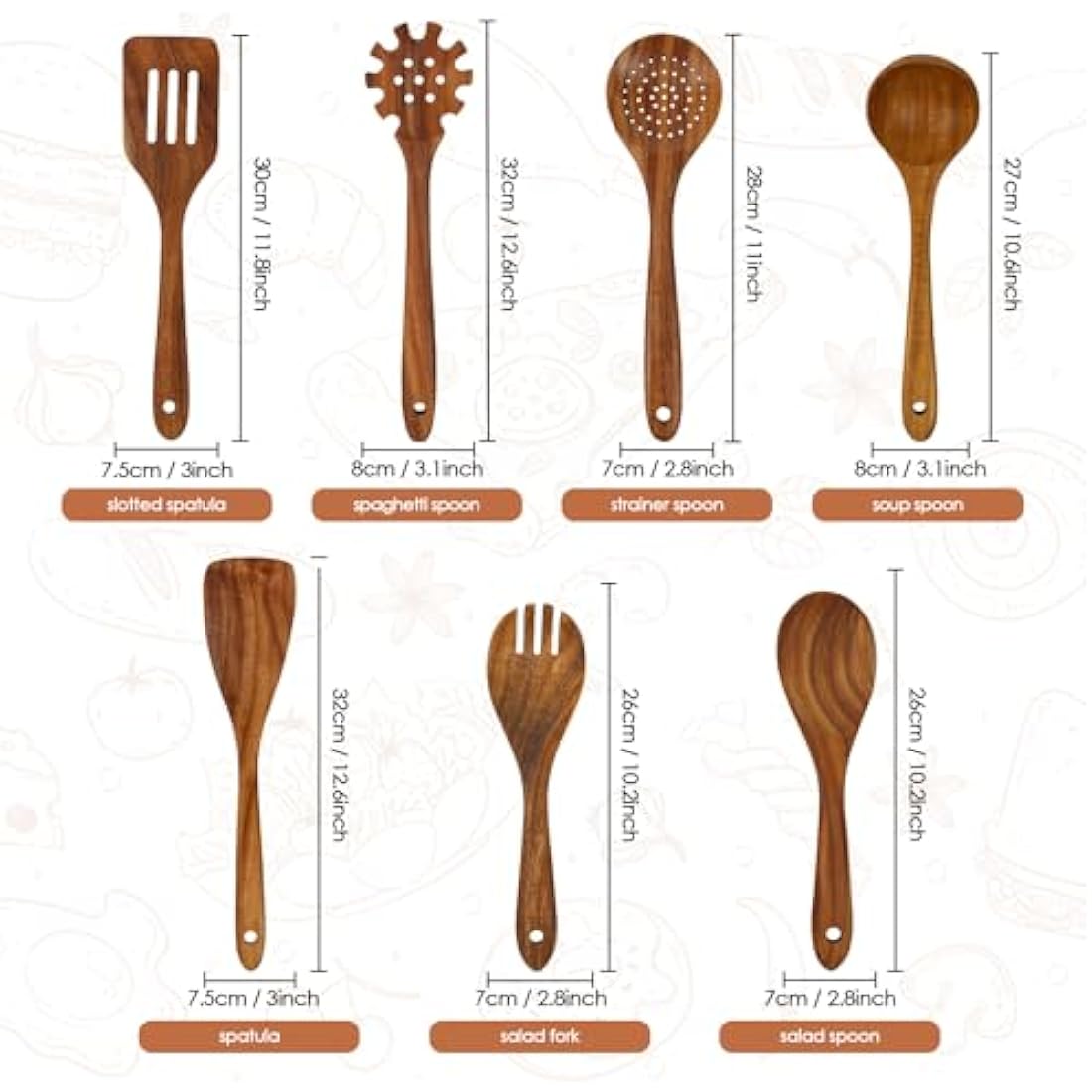 comfoyar Teak Wooden Spoons for Cooking, 7 Pieces Kitchen Cooking Utensils Set with Spatula and Ladle, Heat Resistant Kitchen Cookware for Nonstick Pan