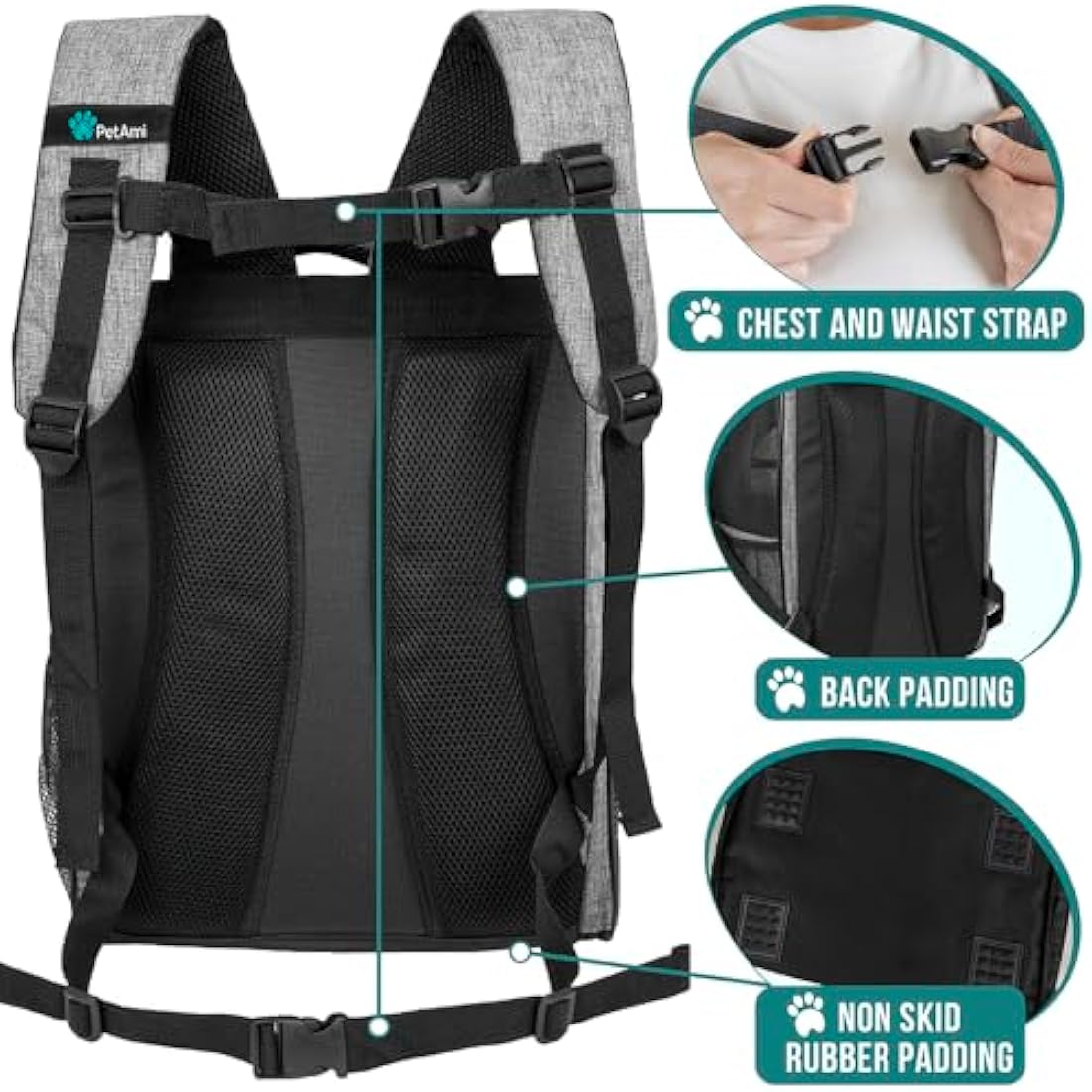 PetAmi Deluxe Pet Carrier Backpack for Small Cats and Dogs, Puppies | Ventilated Design, Two-Sided Entry, Safety Features and Cushion Back Support | for Travel, Hiking, Outdoor Use (Heather Gray)