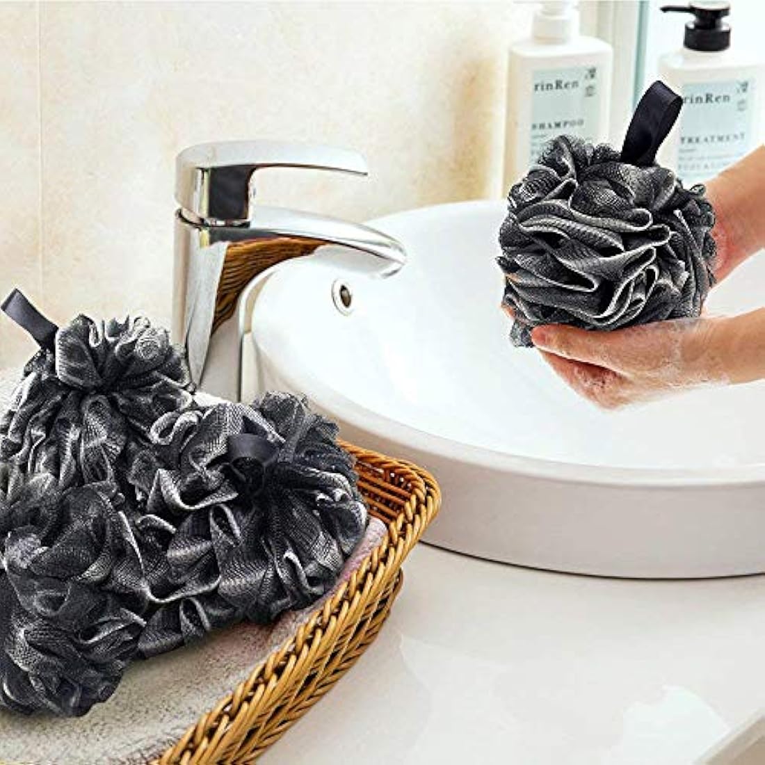 5 Pack Bath Shower Sponge JollyJelly Mesh Bath Loofahs Body Scrubber Brush for Women Men Exfoliate Skin Clean Soothe Skin (60g/PCS)