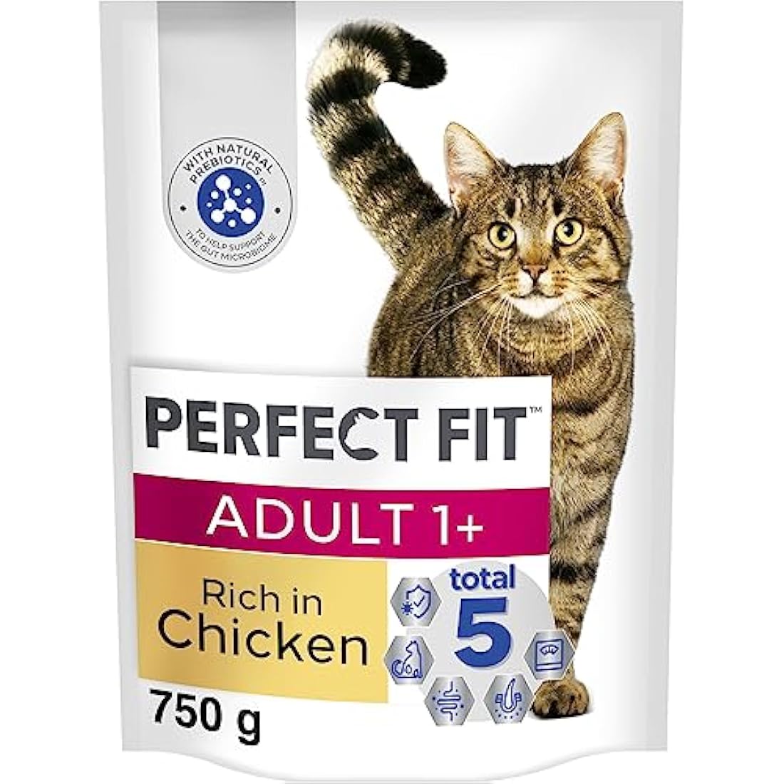 Perfect Fit Adult 1+ Complete Dry Cat Food for Adult Cats Aged 1+ Years, Rich in Chicken, 4 Bags (750 g)