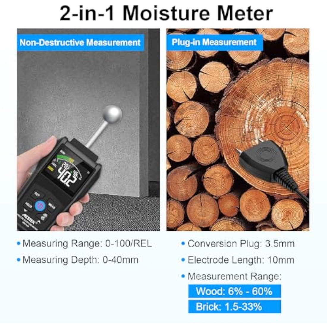 Moisture Meter,MESTEK Damp Meter,2 in 1 Damp Meter for Walls Pin & Pinless with Color LCD and Audible Alarm, Detects 20-40mm of Wall, Wood, Masonry, Concrete and Other Building Materials