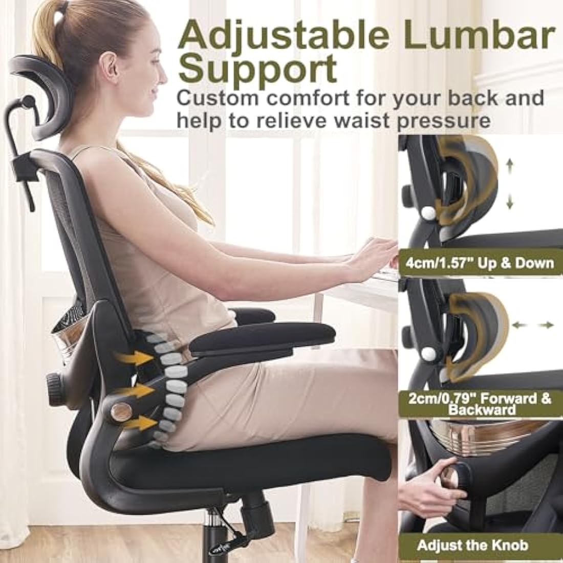 TONFARY Ergonomic Office Chair - High Back Mesh Design with Adjustable Lumbar Support, Flip-Up Armrests, Removable Headrest & 360° Swivel - Space-Saving for Home, Work, or Gaming - Black