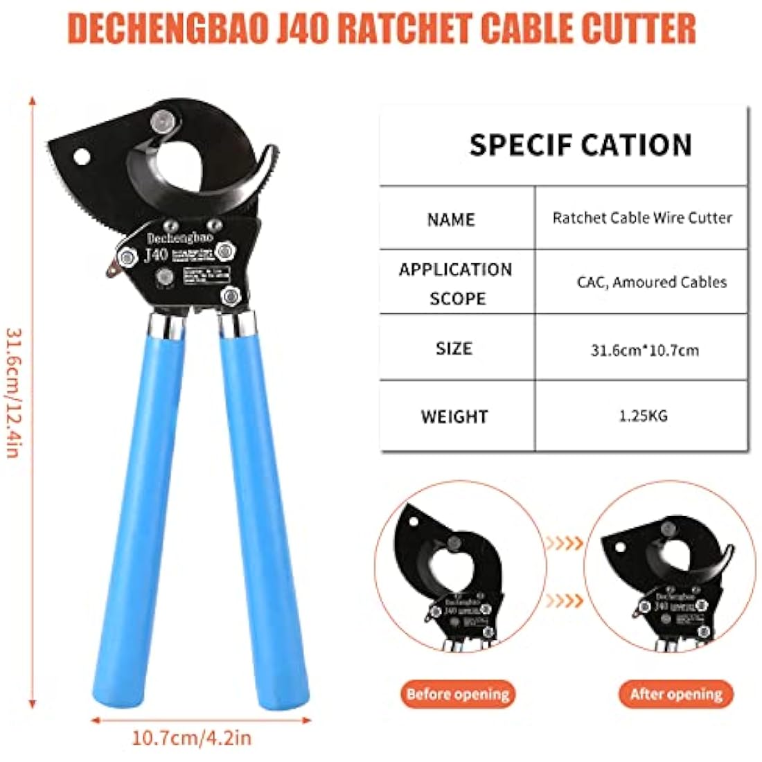 Ratchet Cutters, Dechengbao J40 Heavy Duty Wire Cutter for Aluminum Copper Cable up to 400mm², Ratchet Cable Cutters