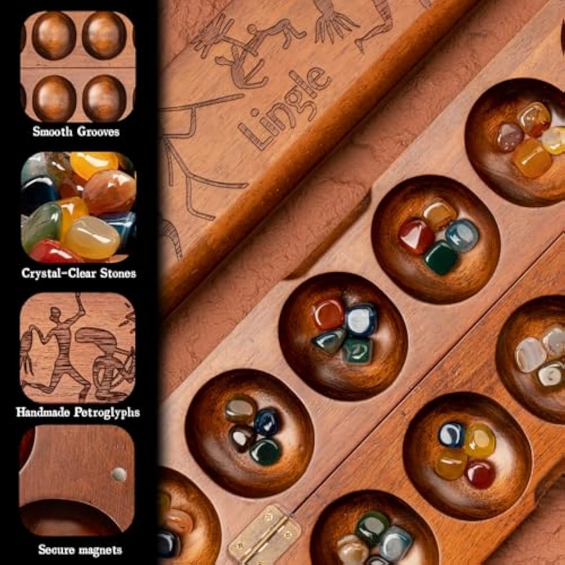 Deluxe Mancala Set: Real Wood Hinged Board with 48 Mixed Natural Gemstones - Authentic African Petroglyphs, Foldable Design for 2-Player Strategy Game
