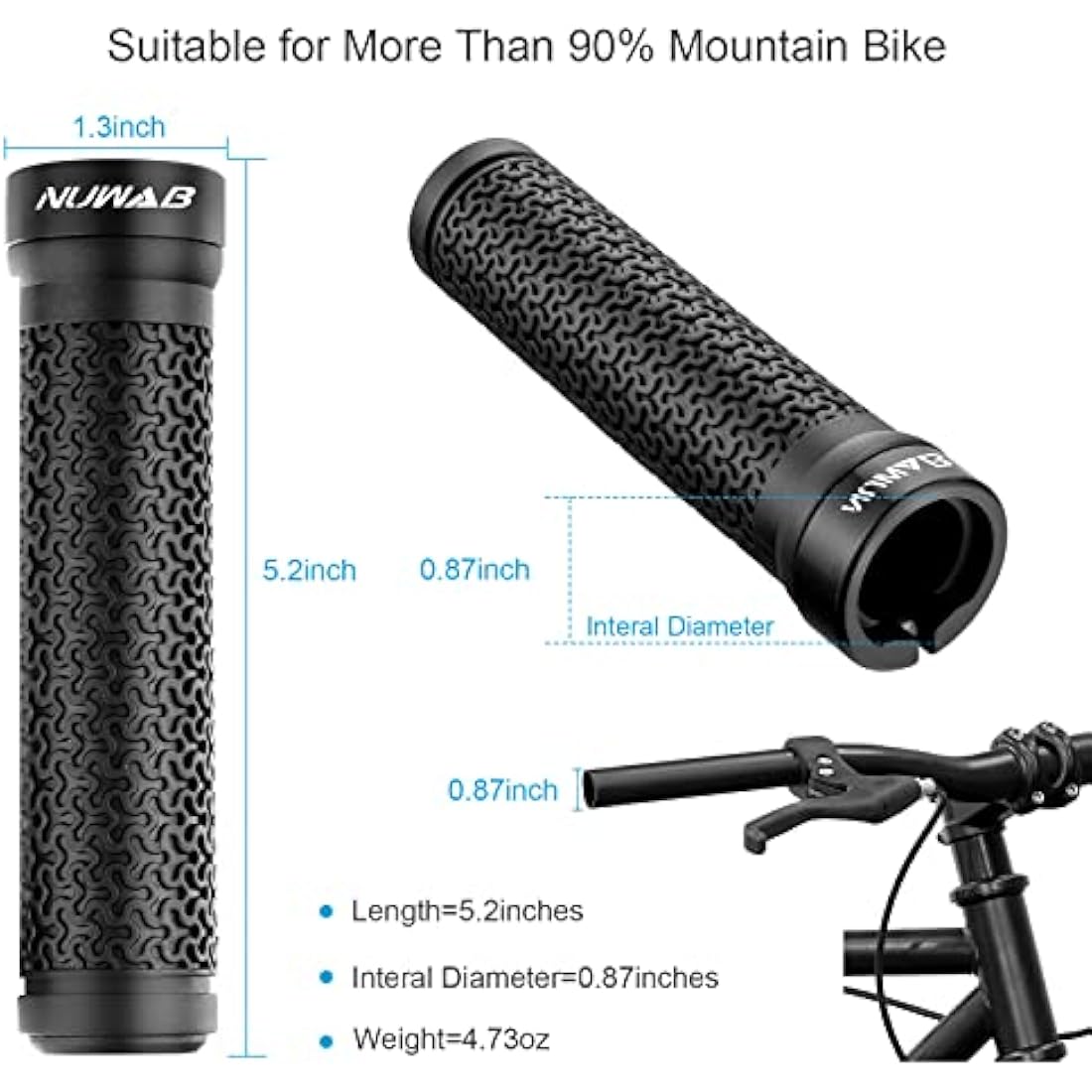 NUWAB Premium Bike Handlebar Grips, Professional Mountain Bicycle Grips with Soft Anti-Slip Rubber, Single Lock-on Bike Handlebar, 2PCS Allen Wrench Come With
