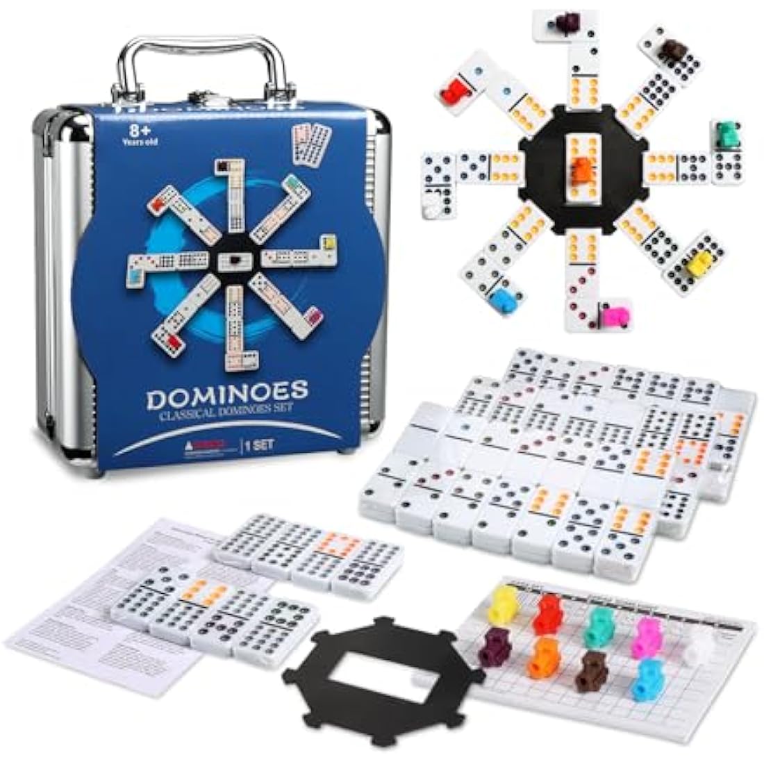 Double Twelve Mexican Train Dominoes Game with Color Dot, Domino Set For Adults, Double 12 Dominoes Set with Portable Aluminum Case, 91 Tiles (2-8 players)