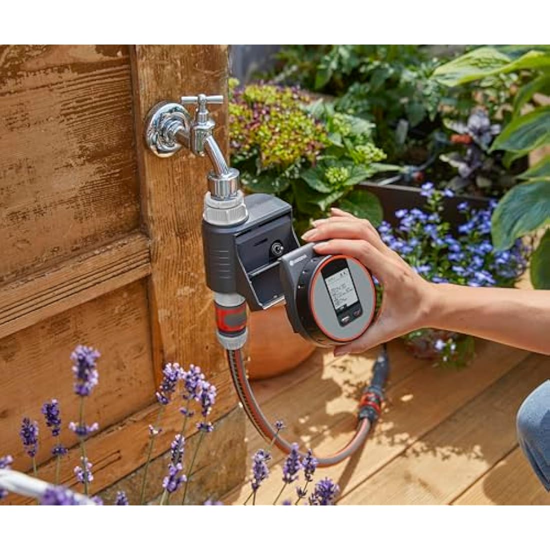 GARDENA Flex irrigation controller for quick automatic irrigation for the terrace and balcony, easy to use, Water Now function, Color Black/Grey/Orange 1890-20