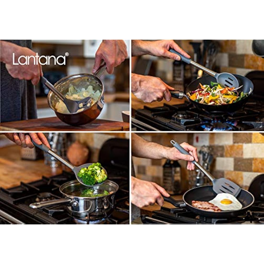 Lantana Premium 11pc Silicone Kitchen Utensil Set for Cooking and Baking in Sleek Grey and Brushed Stainless Steel. Includes; Tongs, Whisk, Spatula, Ladle, Potato Masher and More.