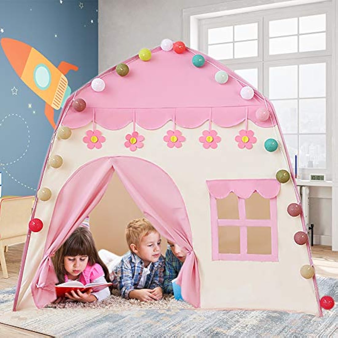 Labeol Princess Castle Play Tent Large Kids Play House for Indoor and Outdoor with Cotton Ball Lights Crown Magic Wand Safety Non-toxic Great Gift for Girls 130 * 100 * 130