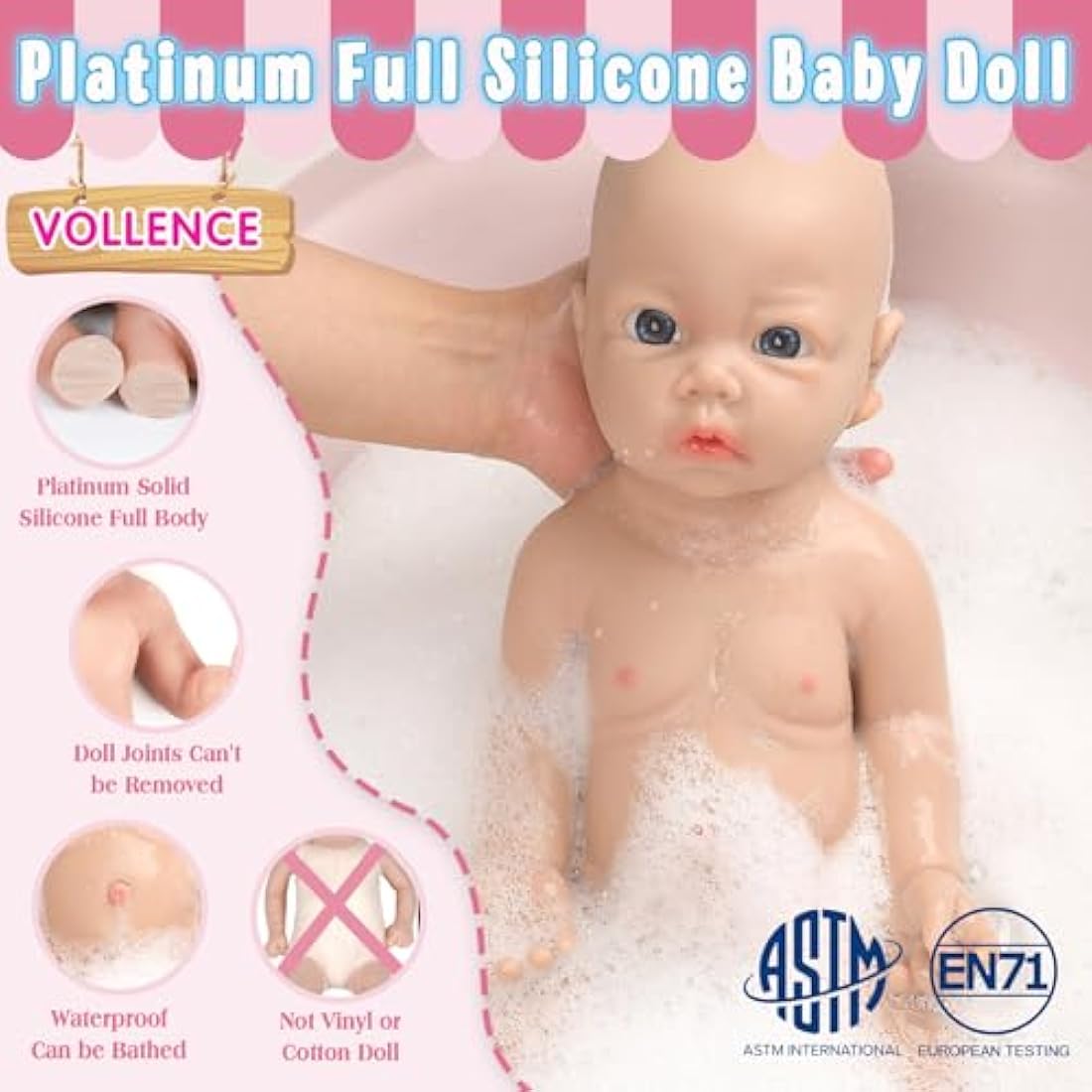 Vollence 16 inch Full Silicone Baby Doll with Open Eyes, Realistic Newborn Doll with Feeding Set for Kids - Girl