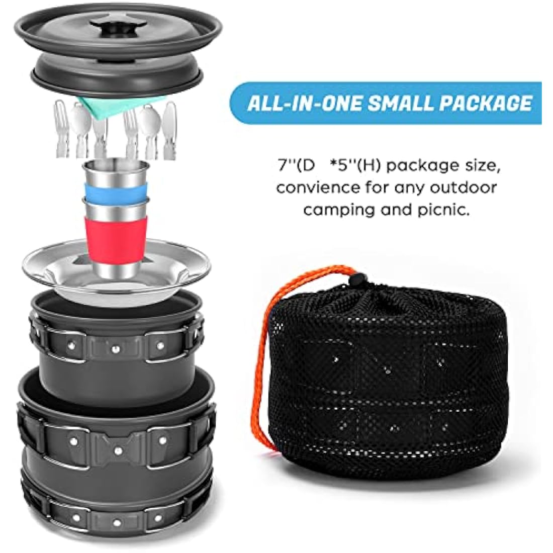 Odoland Camping Cookware Set with Pots and Frying Pan Cup Plates Folding Cutlery Gavette for 1-2 People Lightweight and Compact for Camping Trekking Picnic Hiking