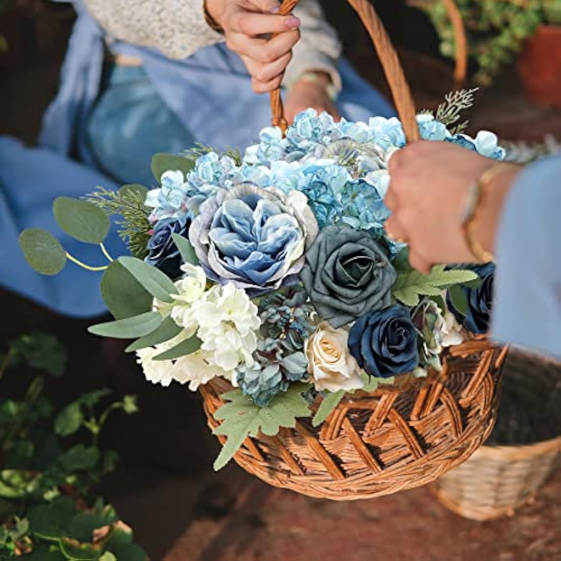 Kisflower Artificial Flowers Dusty Blue Silk Artificial Roes Combo Peony Flower for DIY Wedding Bridal Bouquet Party Home Decorations (Dusty Blue)