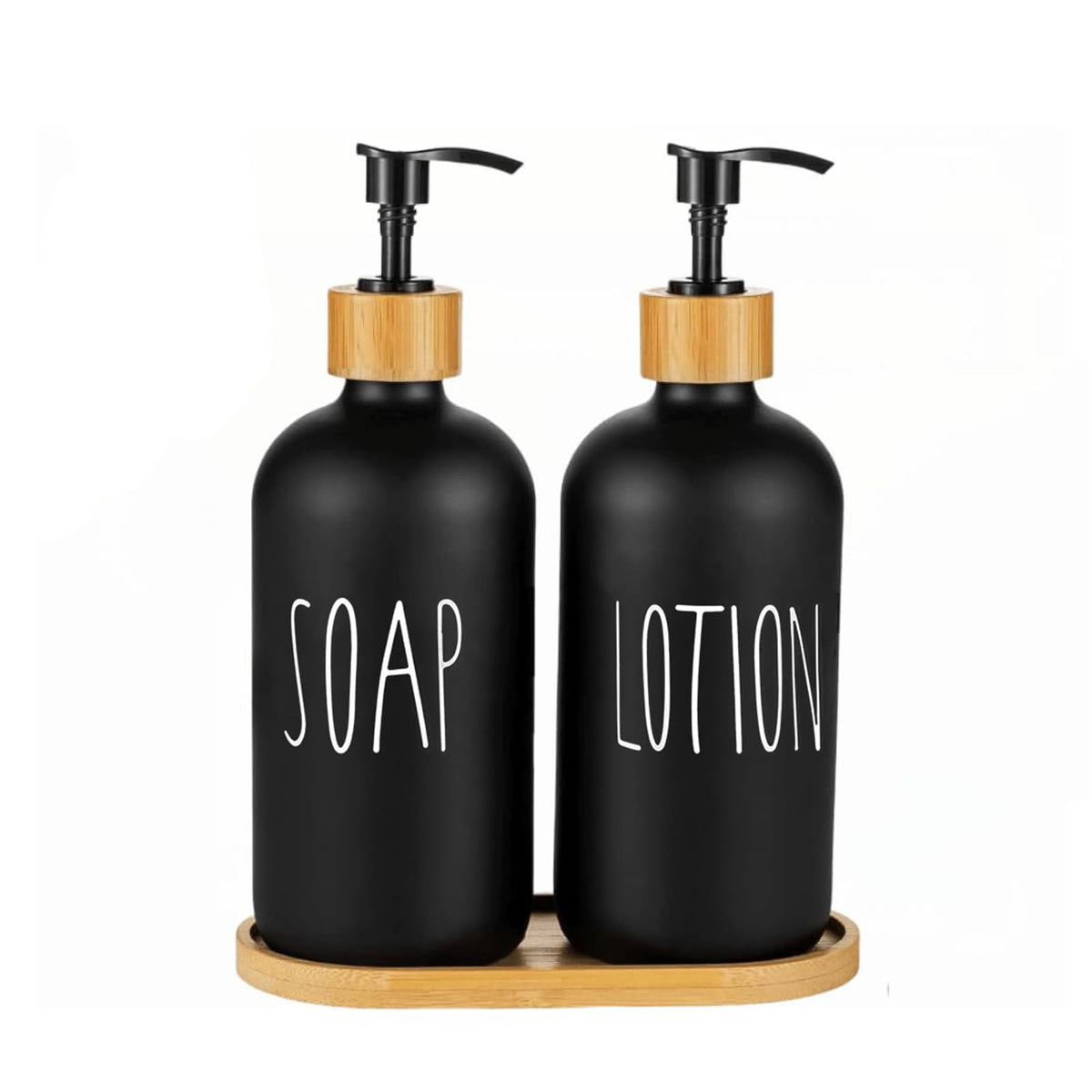 Hniuyun Glass Soap Dispenser Set with Bamboo Pump & Tray, 16 Oz Refillable Liquid Dispenser for Bathroom, Countertop, Kitchen, Laundry Room (Sl Black)