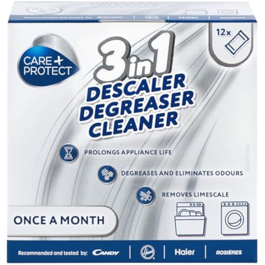 Care+Protect 3 in 1 Washing Machine - Dishwasher Cleaner - Limescale Remover - Degreaser - Hygienic Cleaner - Universal - 12 Sachets for 12 Months Supply