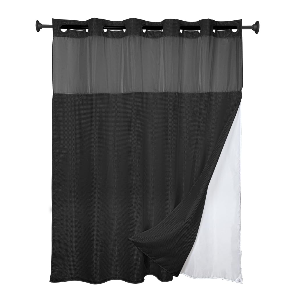 goodbath No Hook Shower Curtain and Liner Set,Luxury Waffle Bath Curtains for Bathroom Hotel, Mesh Top Window,Double Layer,180x188cm,Black