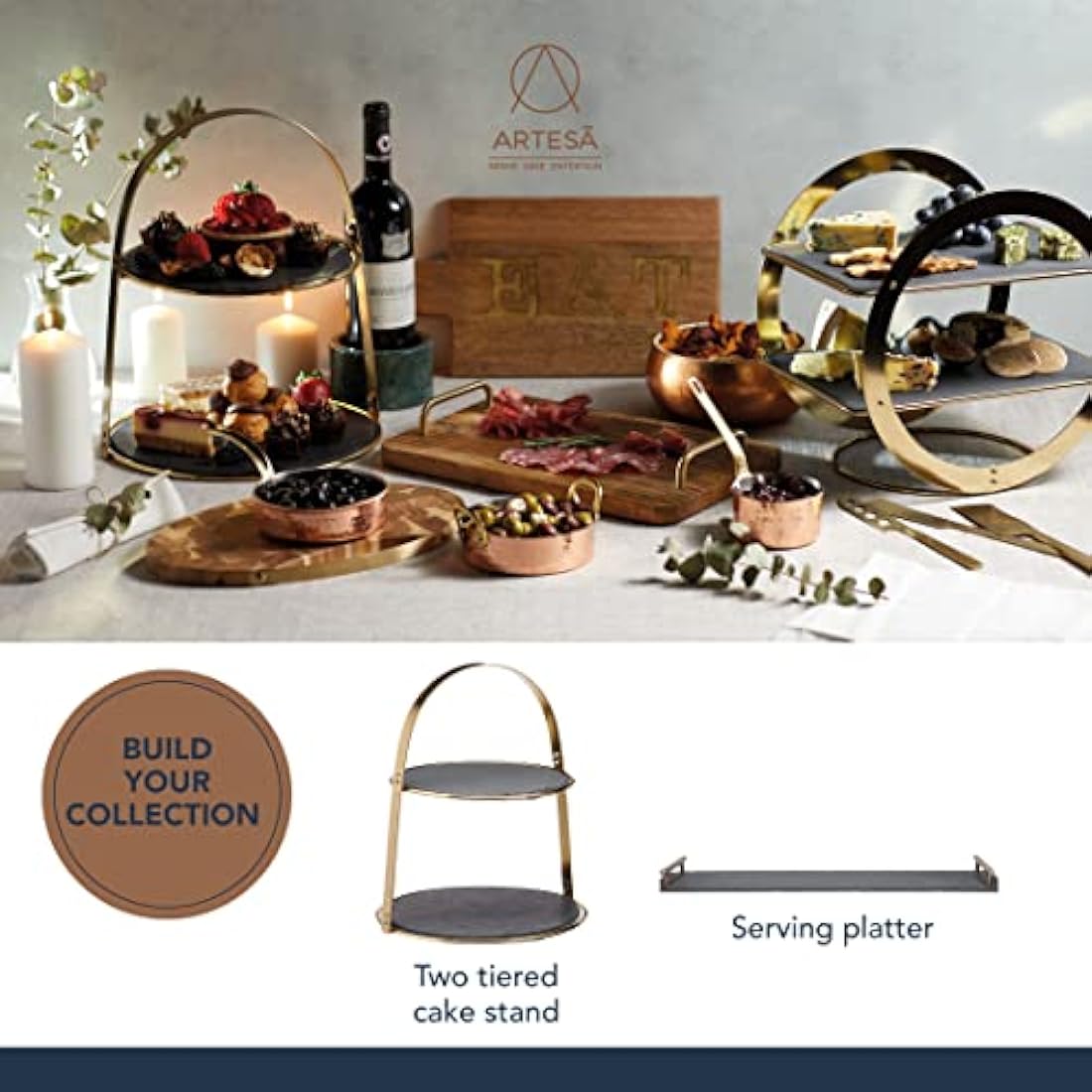 Artesà Slate Serving Platter Tray with Copper Finish Handles, perfect for Grazing and Buffets, 60 x 15 cm, Black