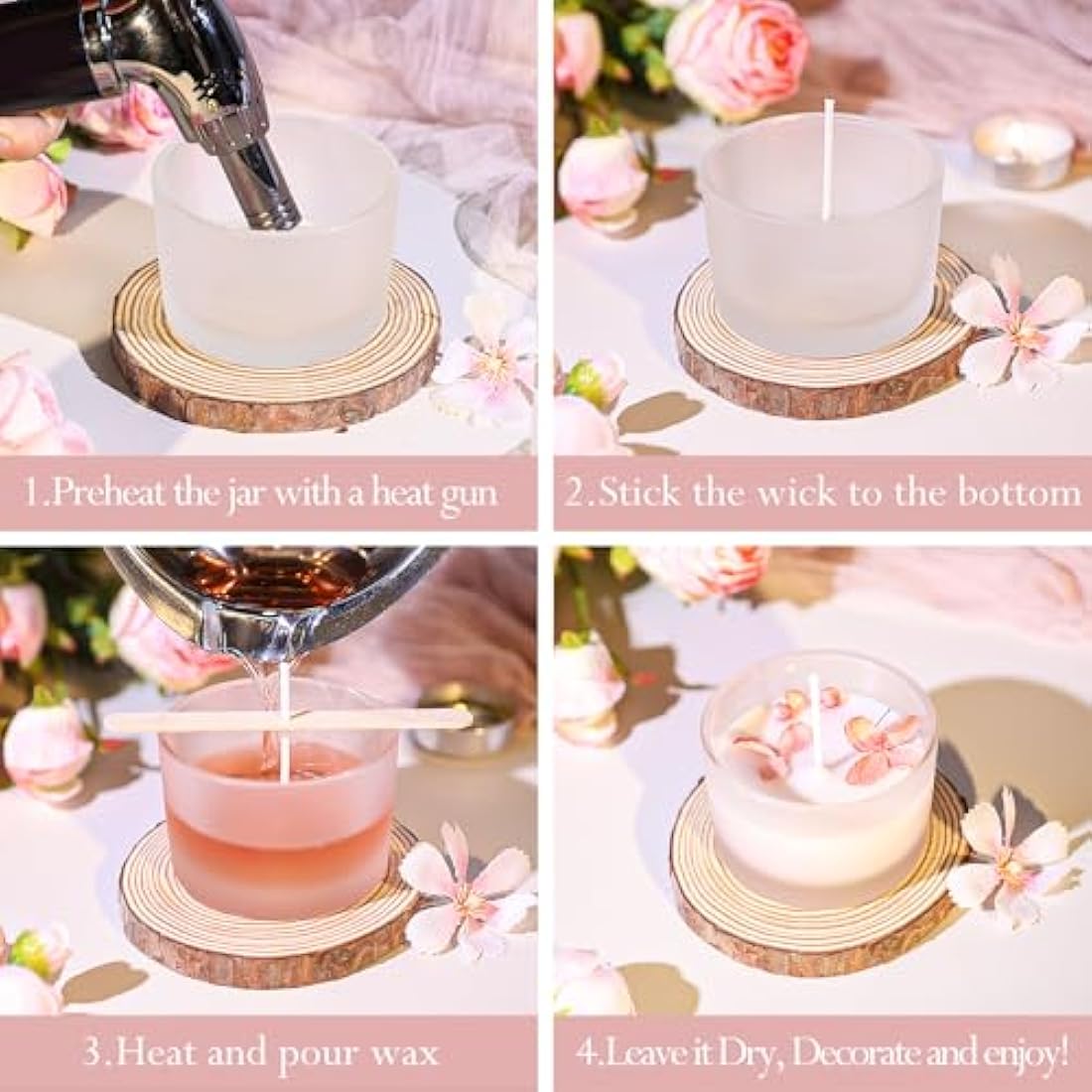CONNOO 15 Pack 4 OZ Frosted Glass Candle Jars with Airtight Bamboo Lids, Bulk Small Wide Mouth Empty Candle Containers with Sticky Warning Labels - Dishwasher Safe
