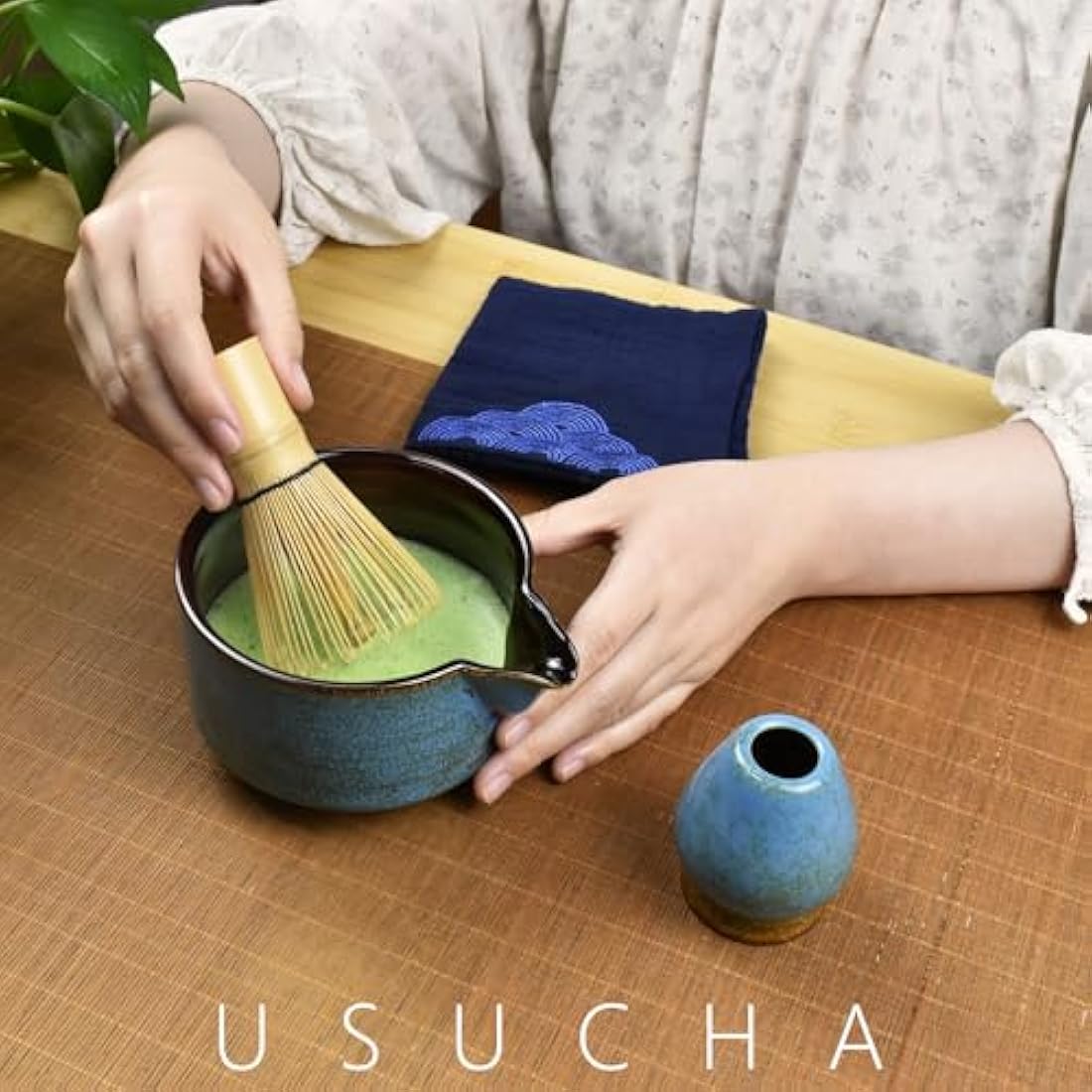 Artcome 7 Pcs Complete Matcha Tea Ceremony Kit - Bowl, Whisk, Scoop, Strainer, Powder, Set for Usucha, Koicha, Matcha Latte (Sapphire)