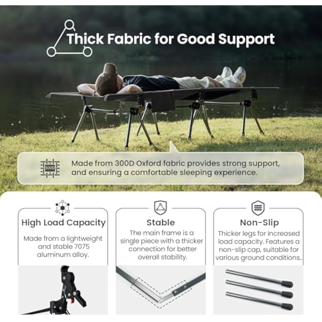 OneTigris SUPRANUBIS Camping Cot, Height Adjustable with Cot Leg Extenders, Strong Support 330lbs, Portable Folding Bed for Camping, Hiking, Travel, Truck, Beach, Office Nap (Black)