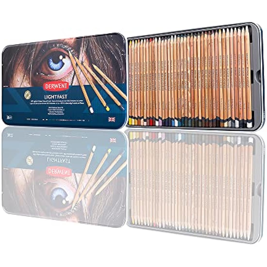 Derwent 2302721 Lightfast Pencils Tin Round,Premium Core Strength,Creamy Texture,Ideal For Fine Art Drawing & Colouring, Professional Quality set of 36,Yellow,Green,White,Salmon,Violet,Brown,Black